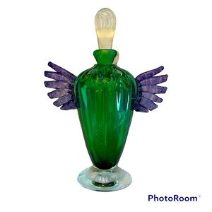 Hand Blown Glass Perfume Bottle with Dauber Green Bottle with Purple Wings